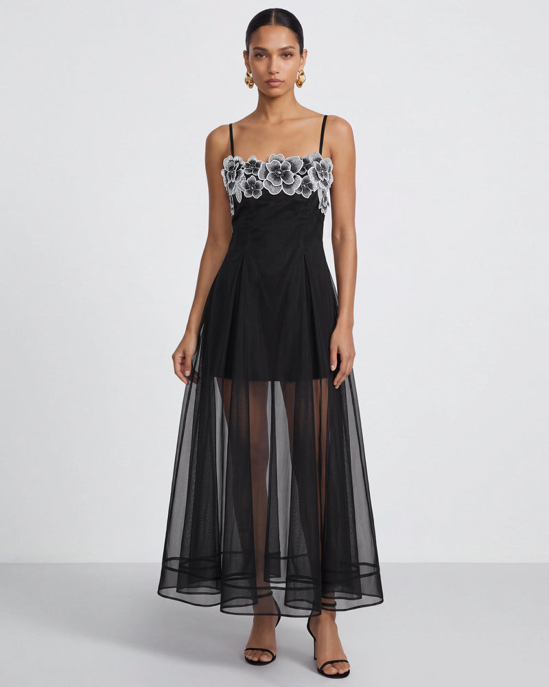 Floral Embroidered Sheer Layered Maxi Dress - Black