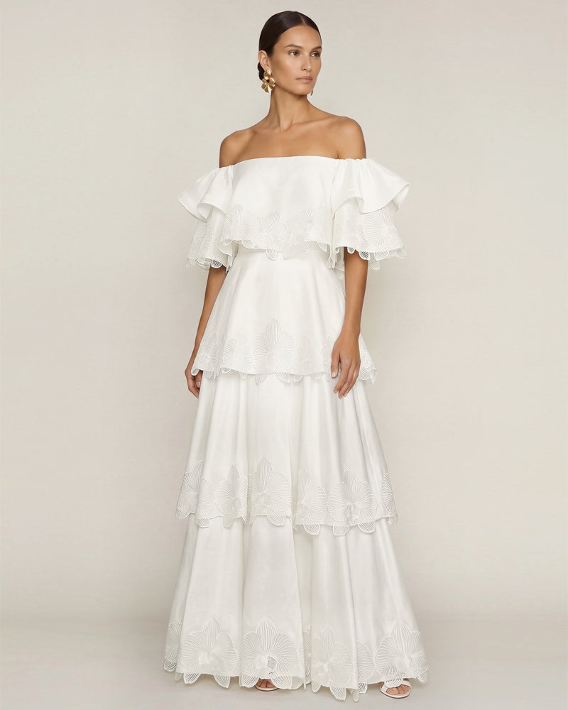 Orchid Embroidered Tiered Off-Shoulder Maxi Dress - White