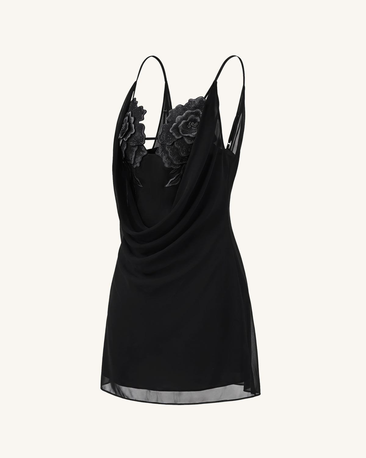 Flower Embroidered Cowl Neck Mini Dress - Black