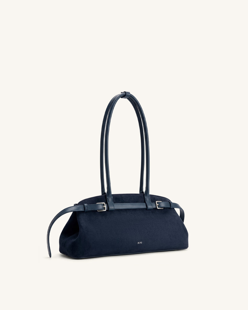 Arden Faux Suede Belt Detail East-West Shoulder Bag - Navy Blue