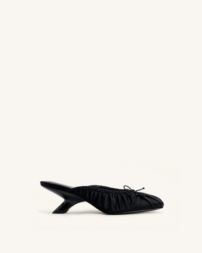 Solenne Satin Bow Ruched Mules - Black