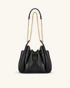 Rowan Ruched Drawstring Chain Bucket Bag - Black