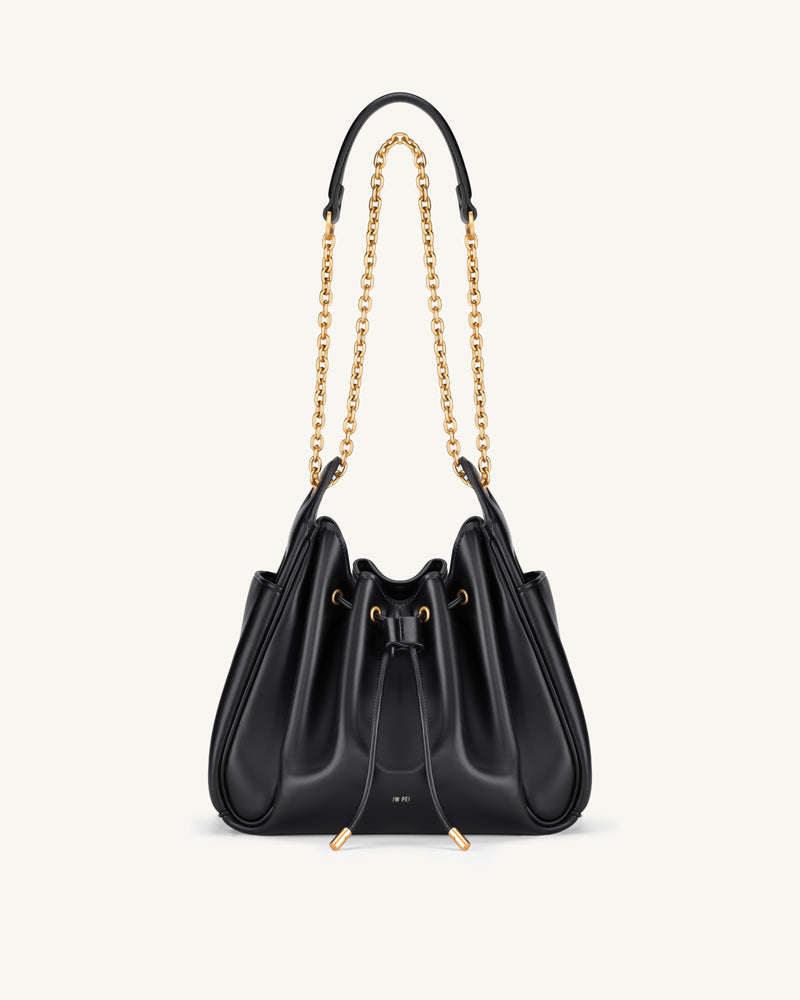 Rowan Ruched Drawstring Chain Bucket Bag - Black