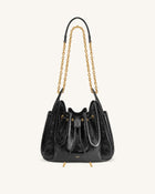 Rowan Ruched Drawstring Chain Bucket Bag - Jet Black
