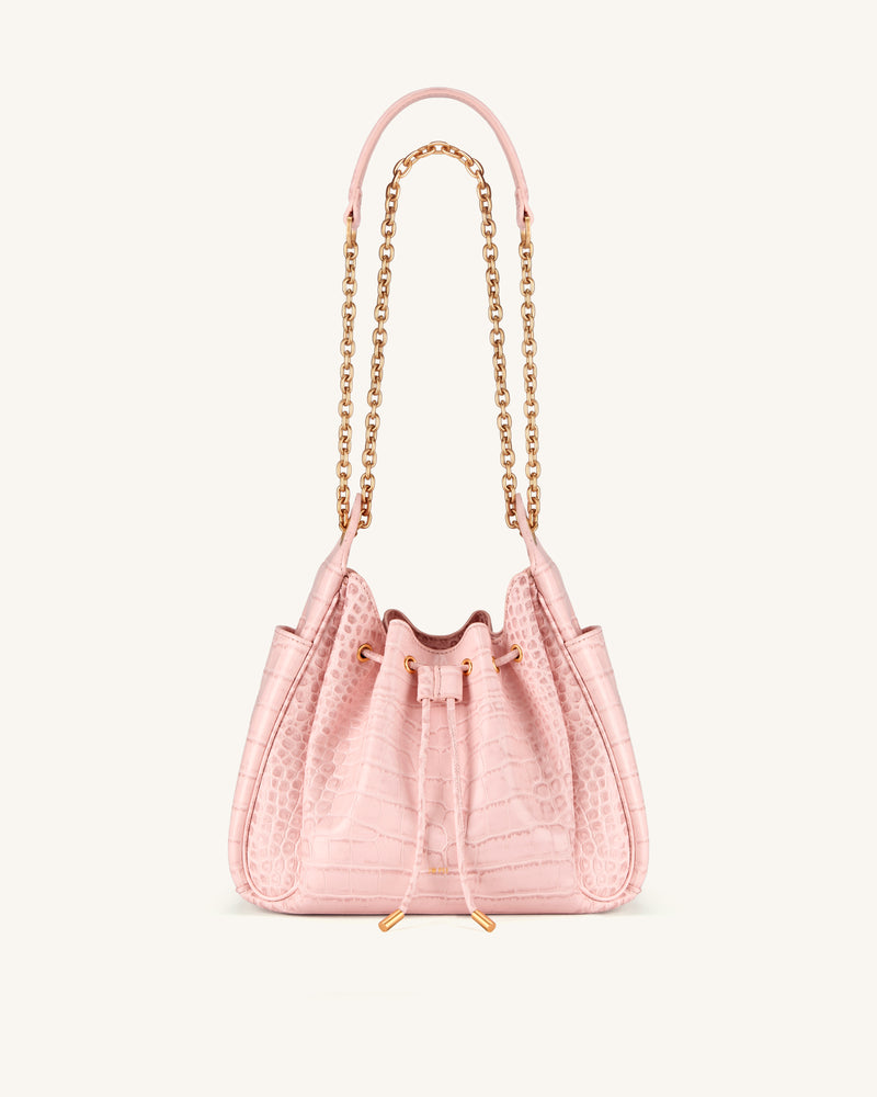 Rowan Ruched Drawstring Chain Bucket Bag - Pink Croc