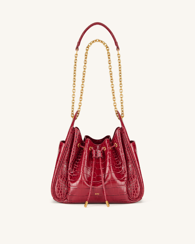 Rowan Ruched Drawstring Chain Bucket Bag - Dark Red Croc
