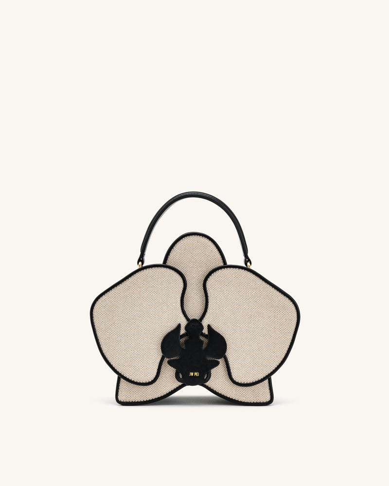 Flora Orchid Shaped Top Handle Bag - Black White Canvas