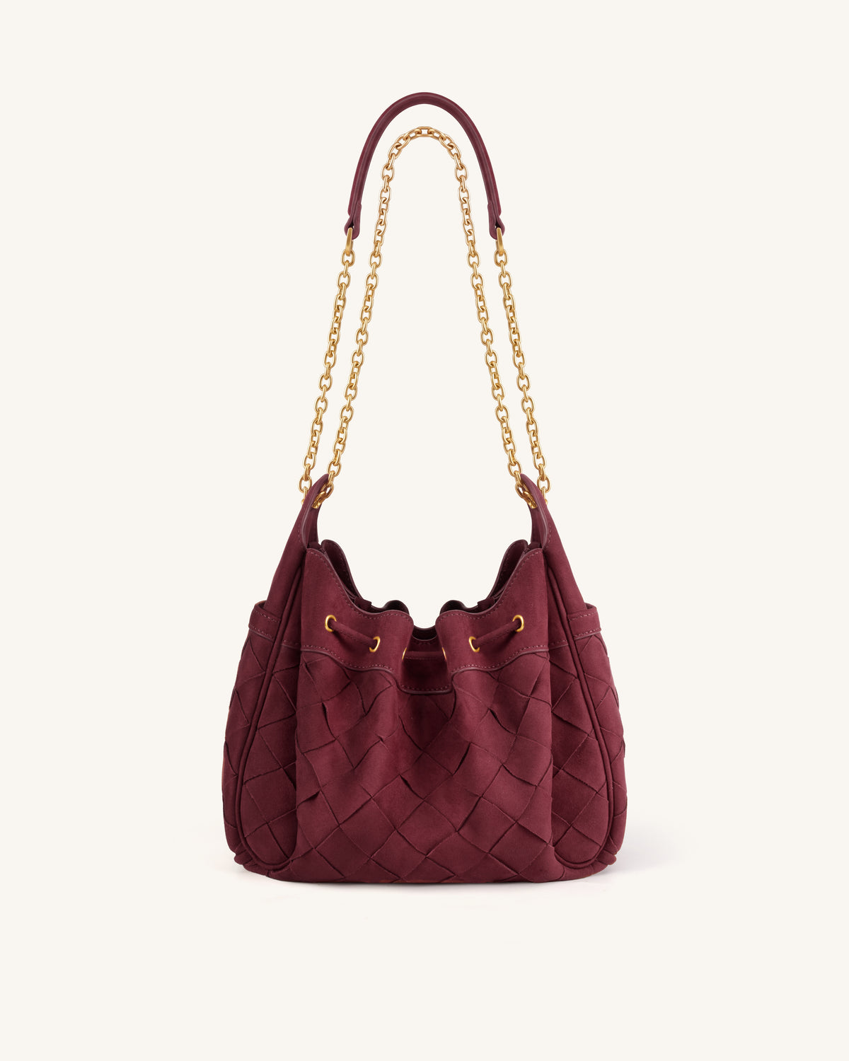 Rowan Faux Suede Weaving Ruched Drawstring Chain Bucket Bag - Dark Cherry