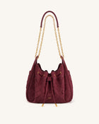 Rowan Faux Suede Weaving Ruched Drawstring Chain Bucket Bag - Dark Cherry