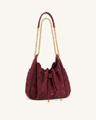 Rowan Faux Suede Weaving Ruched Drawstring Chain Bucket Bag - Dark Cherry