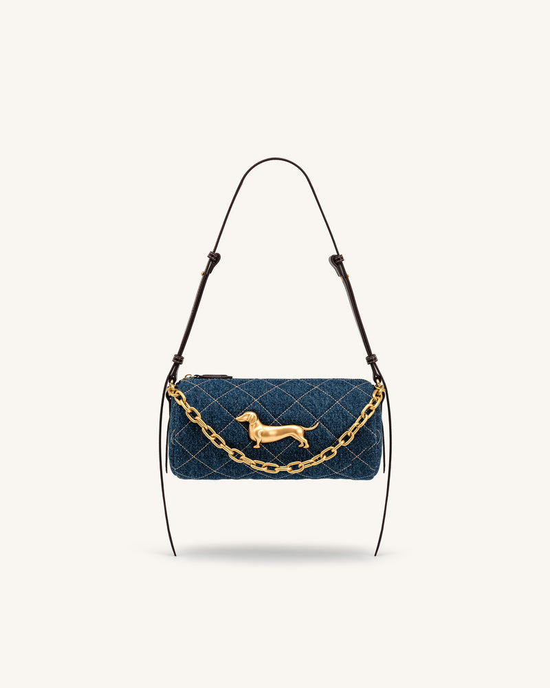 Lucienne Dachshund Quilted Chain Shoulder Bag - Blue Denim