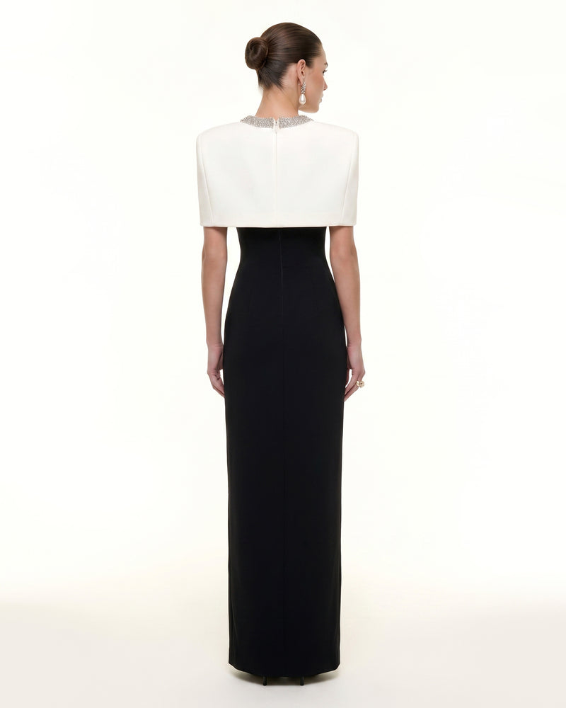 Crystal-Trim Capelet Maxi Dress - Black & Ivory