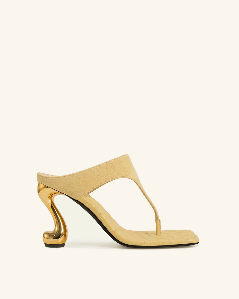 Hannah Quilted suede Thong Heel Mules - Yellow