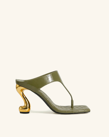 Hannah Quilted Thong Heel Mules - Olive Green