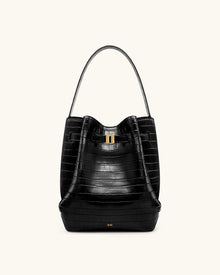Clara Lock Accent Bucket Shoulder Bag - Black Croc