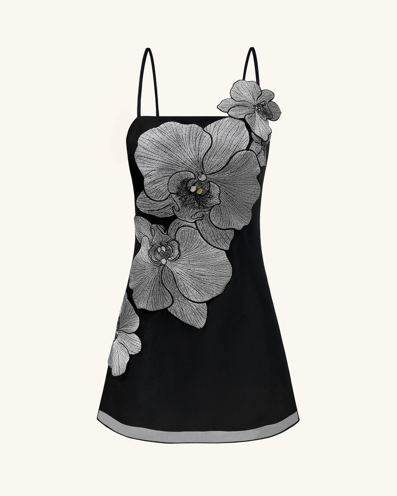 Orchid Appliqué Mini Dress - Black/Silver