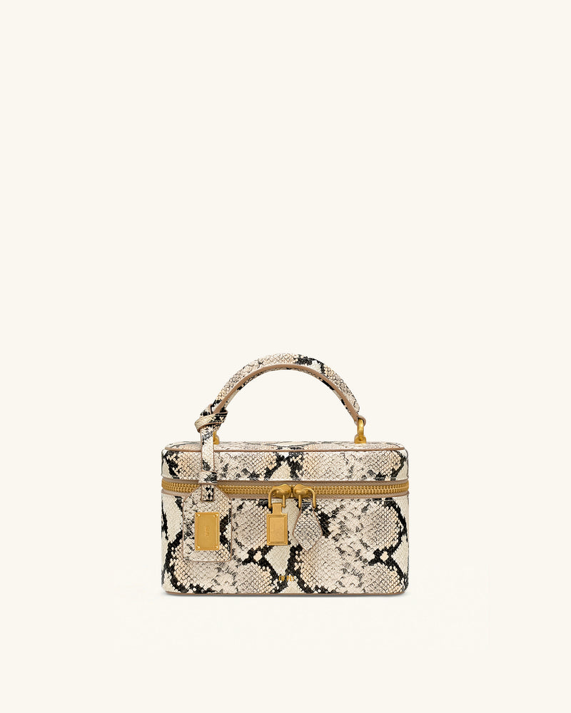 Cleo Snake-Embossed Box Shape Top Handle Bag - Beige