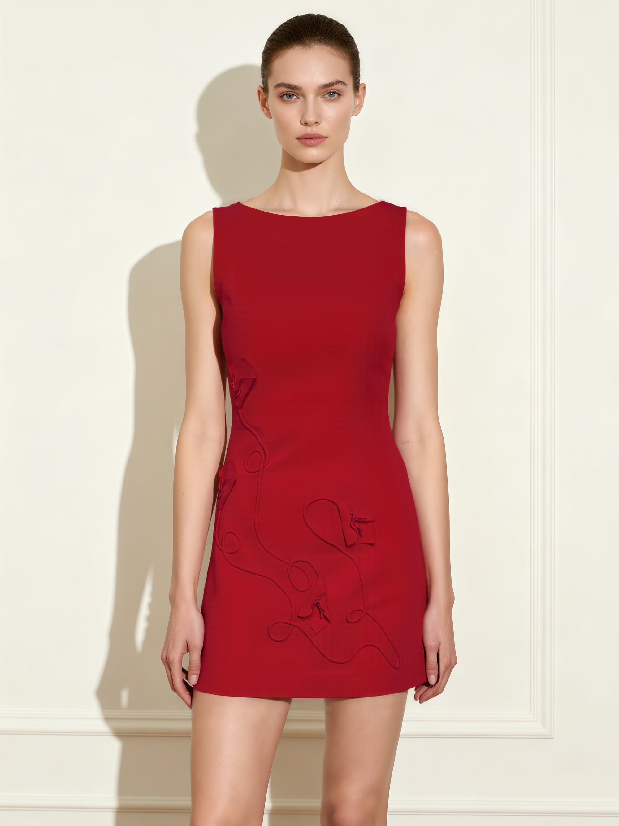 3D Floral-Appliqué Sheath Mini Dress - Red