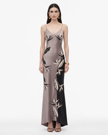 Bird Of Paradise Print V-Neck Satin Cami Maxi Dress - Taupe