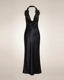 Flower Embroidered Cowl Halter Maxi Dress - Black