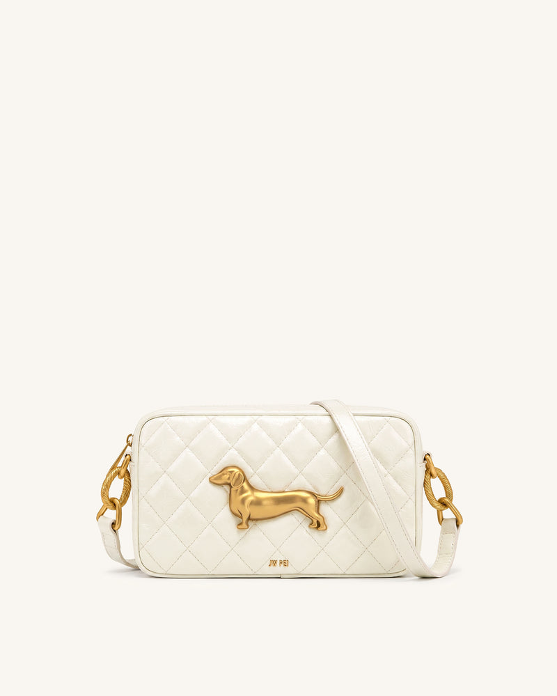 Riley Dachshund Quilted Shoulder Bag - Pearl White
