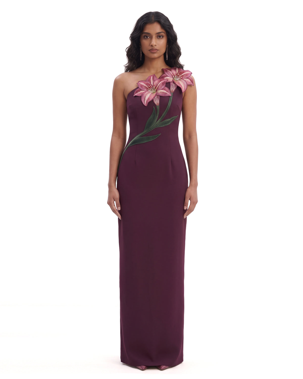 3D Amaryllis One-Shoulder Column Maxi Dress - Plum