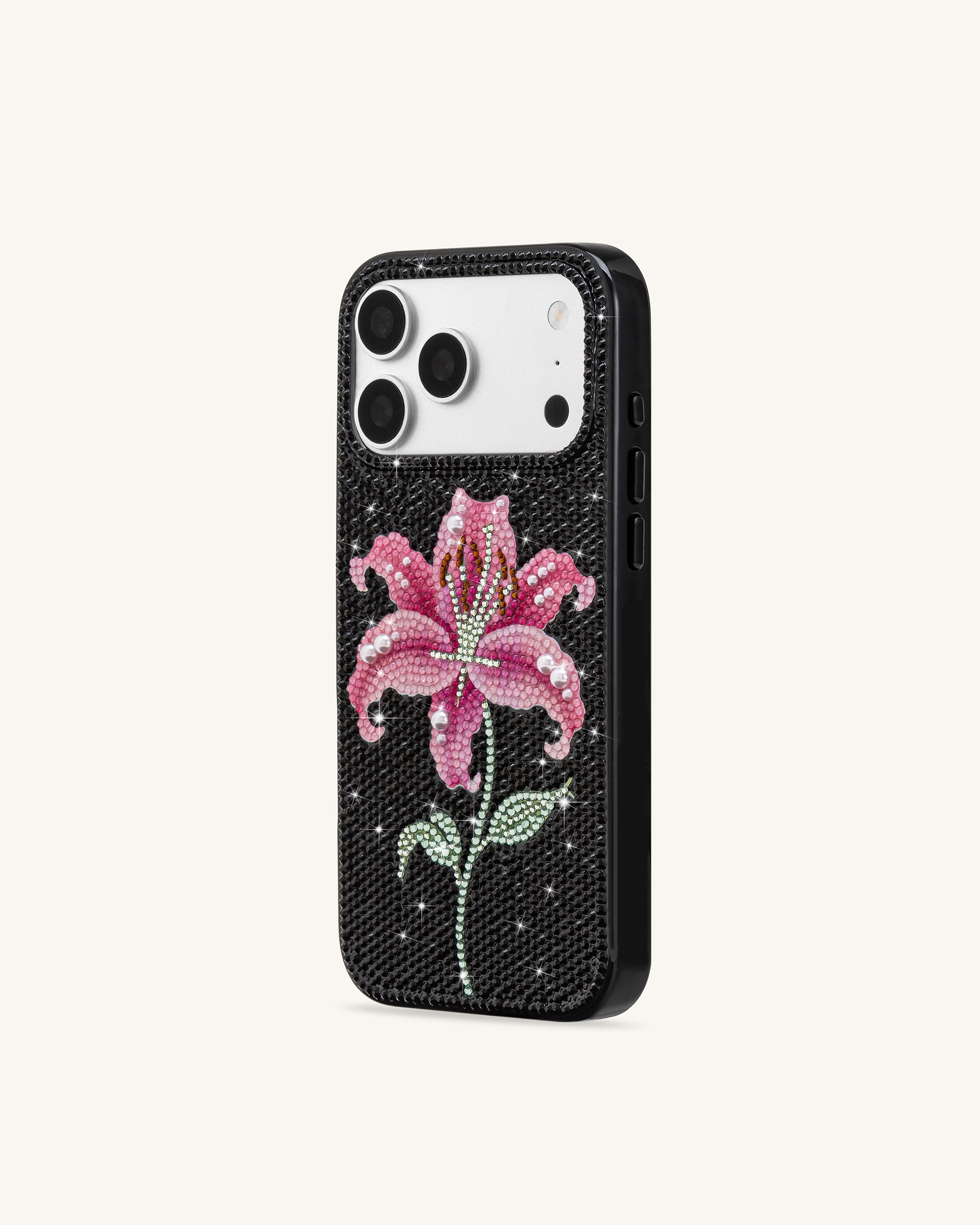 Pink Lily Artificial Crystal Phone Case - Black