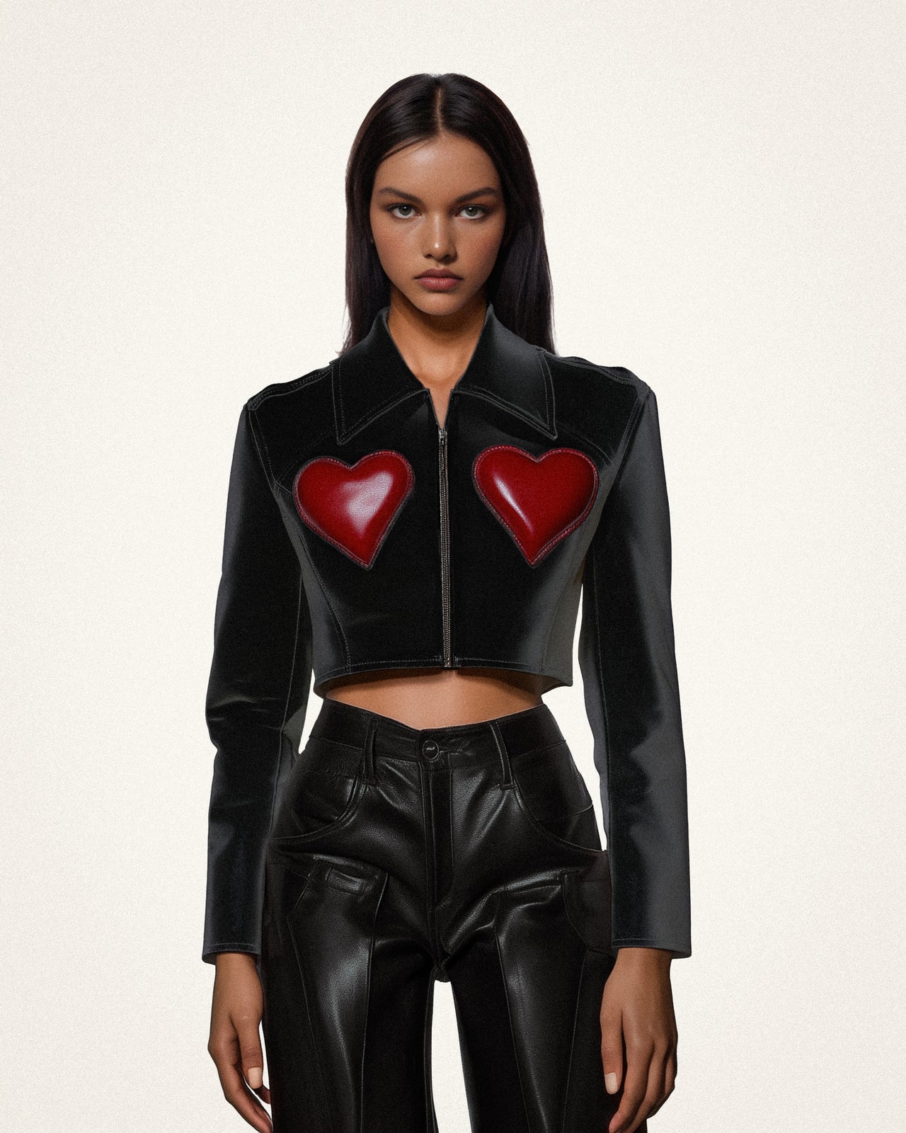 Sophie Cropped Leather Jacket - Black & Red