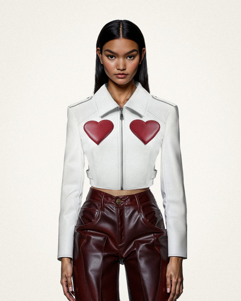 Sophie Cropped Leather Jacket - White & Red