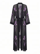 Iris Print Sheer Belted Longline Kimono - Black/Purple