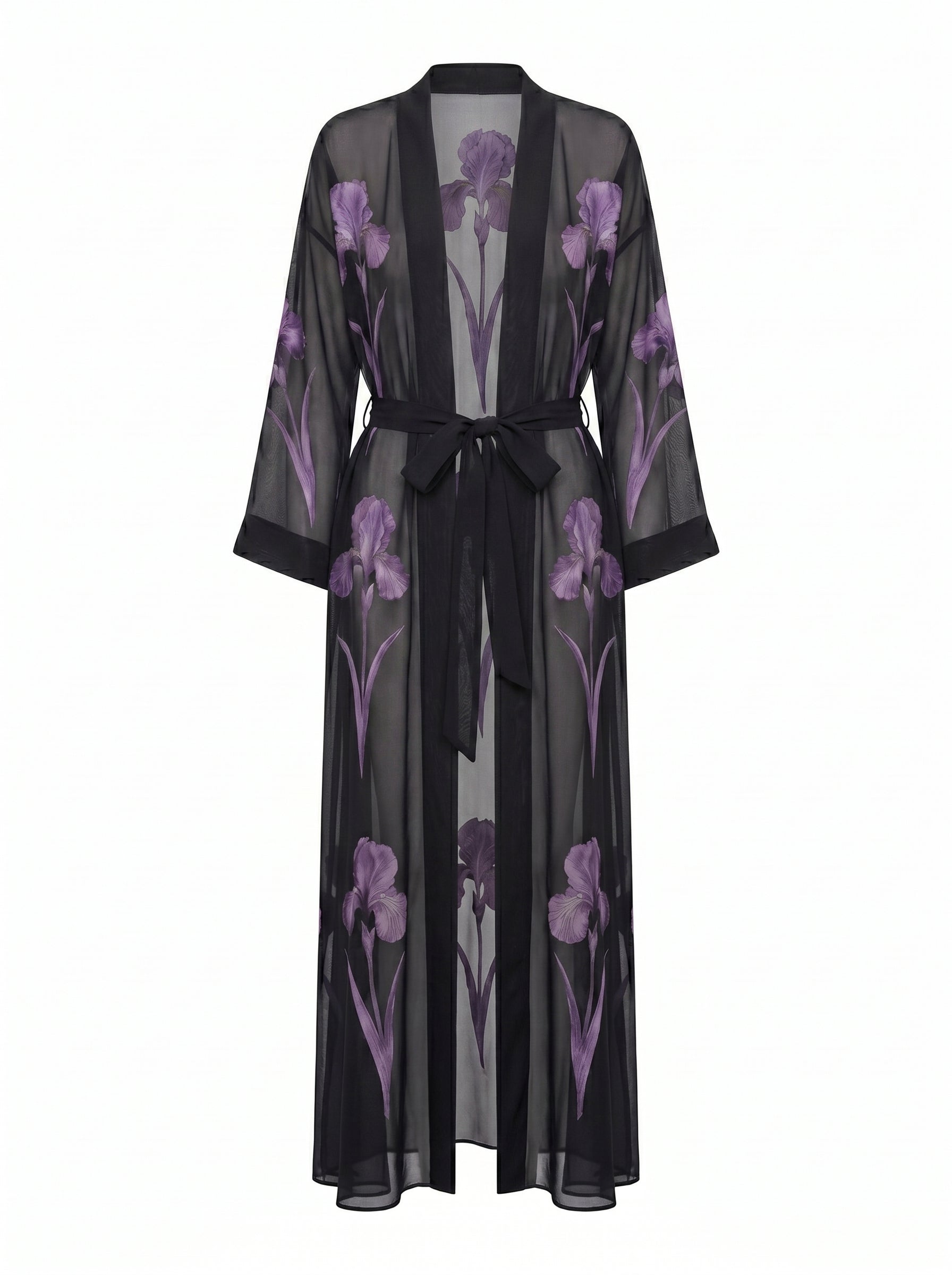 Iris Print Sheer Belted Longline Kimono - Black/Purple