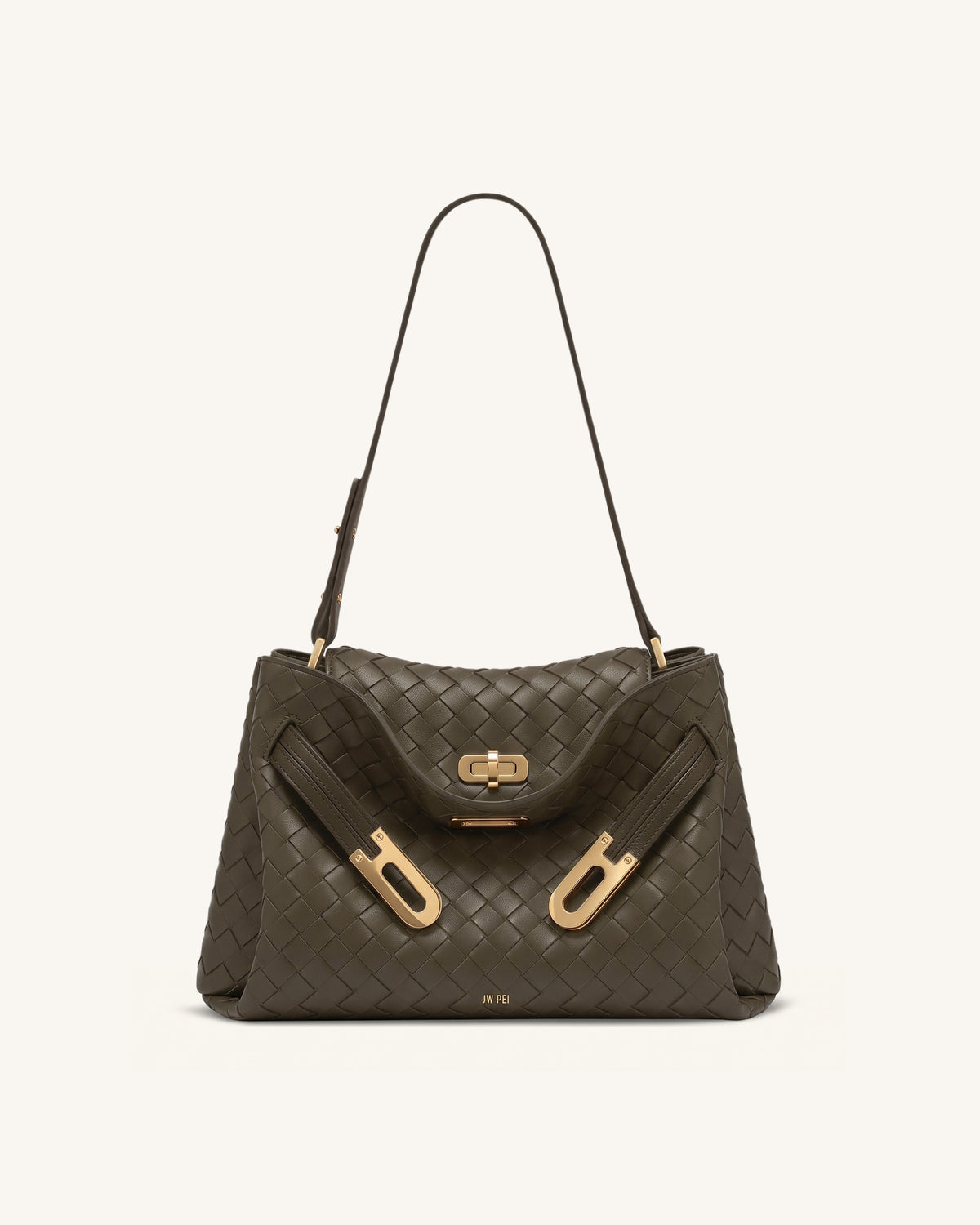 Rhea Woven Texture Double Buckle Shoulder Bag - Dark Green