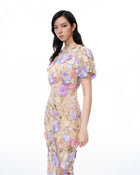 Alaric Round Neck 3D Floral Embroidered Maxi Dress - Pastel Multi