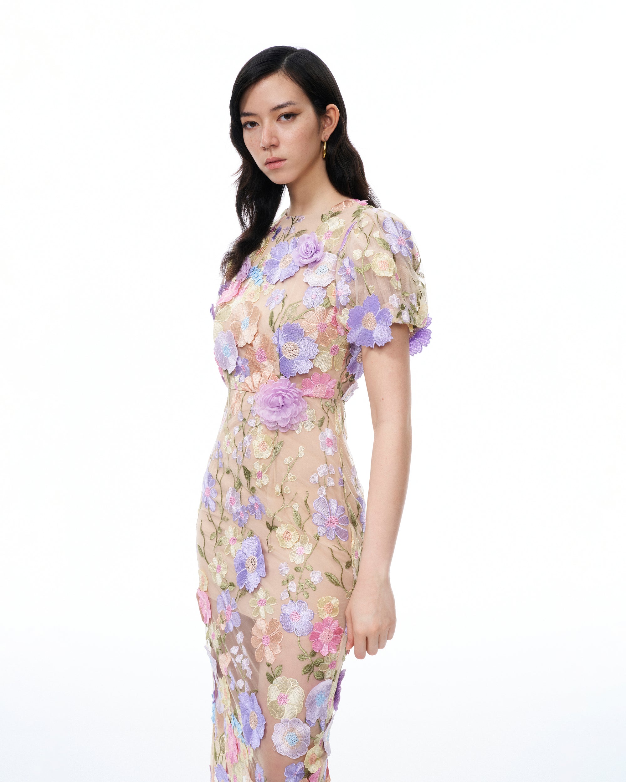 Alaric Round Neck 3D Floral Embroidered Maxi Dress - Pastel Multi