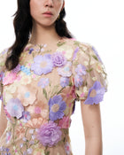 Alaric Round Neck 3D Floral Embroidered Maxi Dress - Pastel Multi