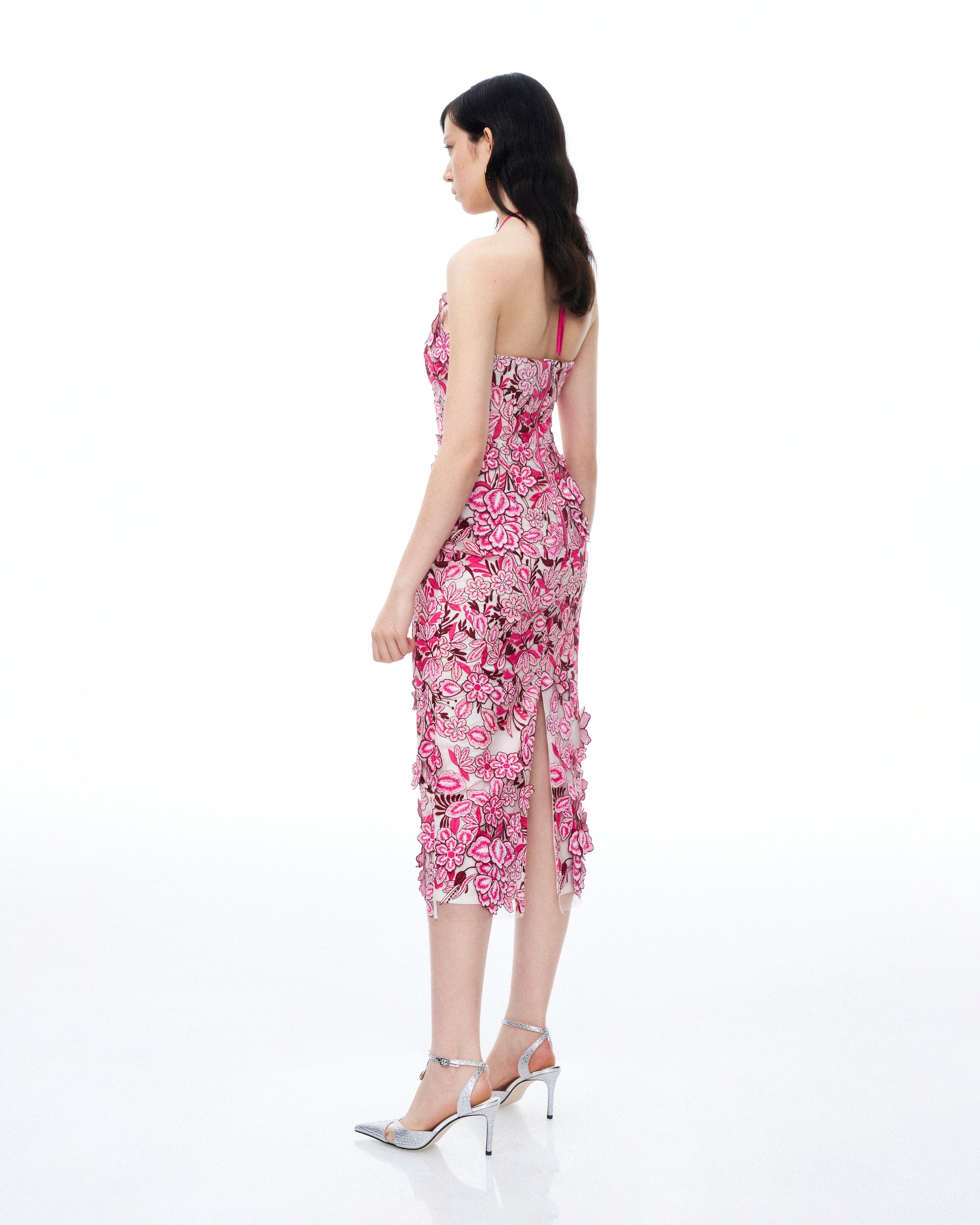 Fiora Halter Neck Floral Embroidered Maxi Dress - Rose Red