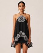 Floral Embroidered High-Low Halter Top - Black
