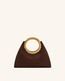 Amiya Leaf Handle Faux Suede Sculpture Bag - Mocha Brown