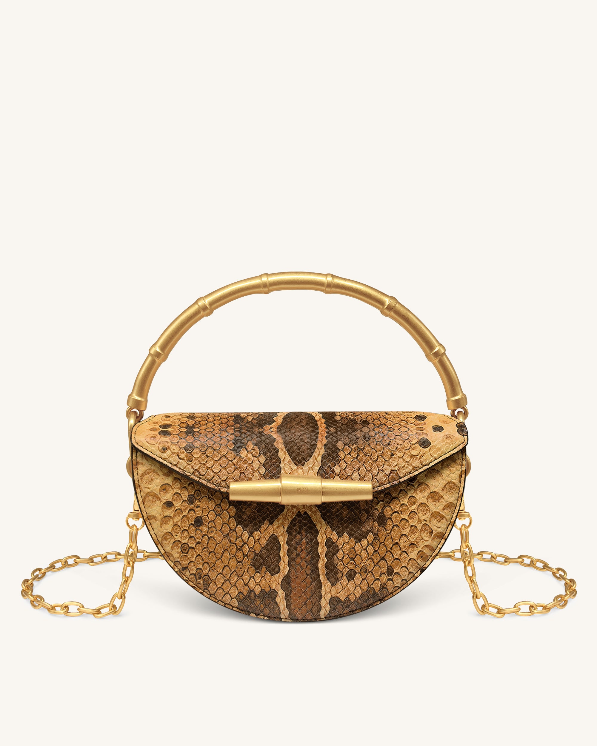 Sylvie Snake Print Half-Moon Top Handle Bag - Yellowish Brown