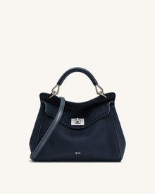 Lucia Classic Faux Suede Top Handle Bag - Navy Blue