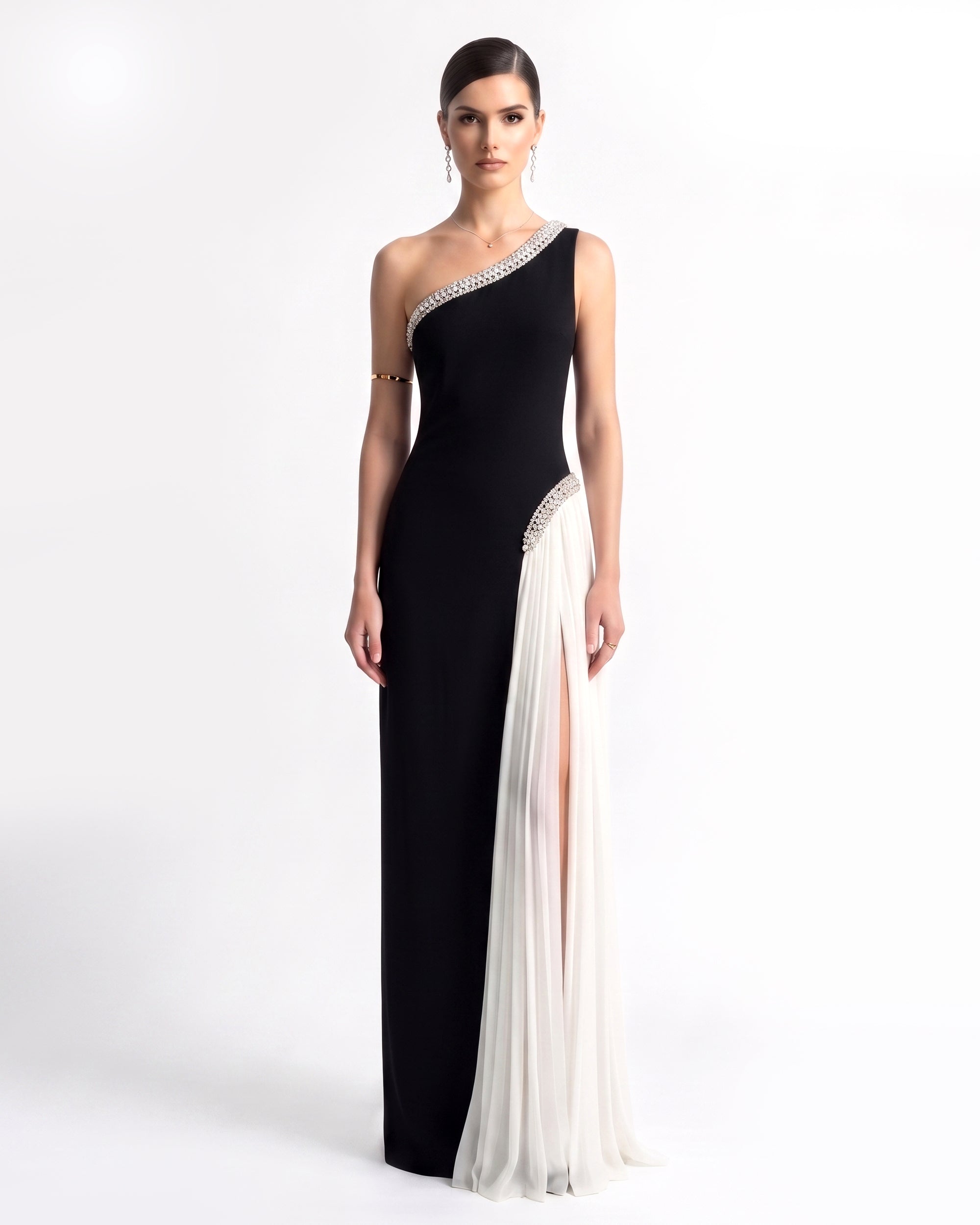 Crystal-Trim Pleated One-Shoulder Maxi Dress - Black