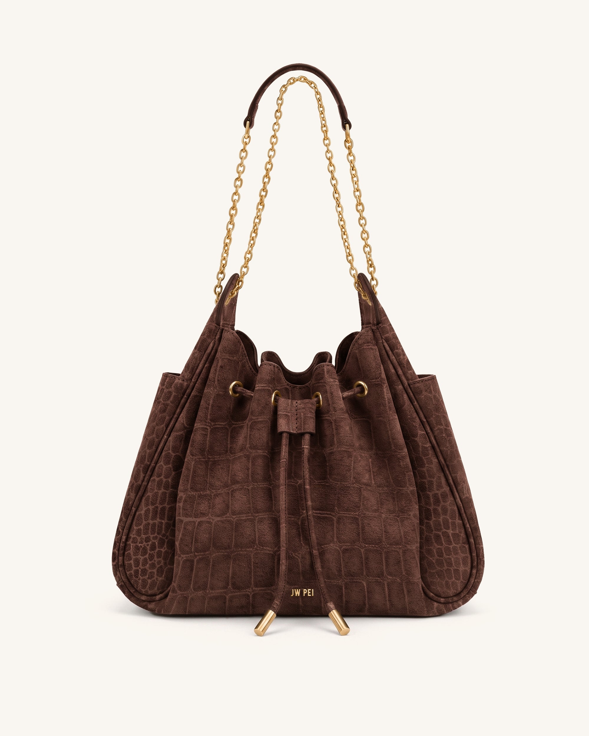 Rowan Faux Suede Drawstring Chain Bucket Bag - Walnut Brown Croc