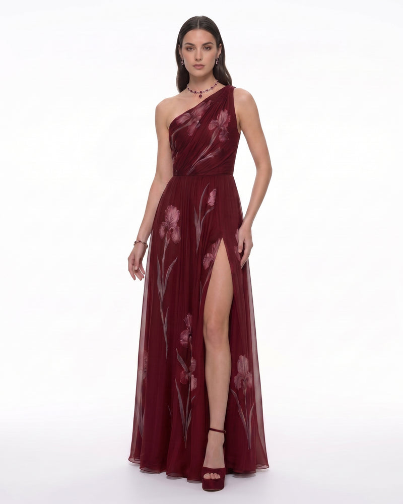 Floral One Shoulder Maxi Dress - Wine Red