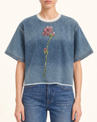 Contrast Rib Denim Cropped Rhinestone Rose Tee - Washed Blue