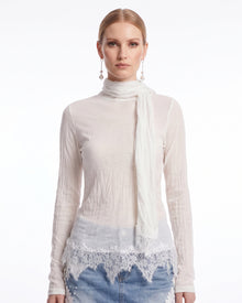 Lace-Trimmed Scarf-Collar Sheer Top - Off White