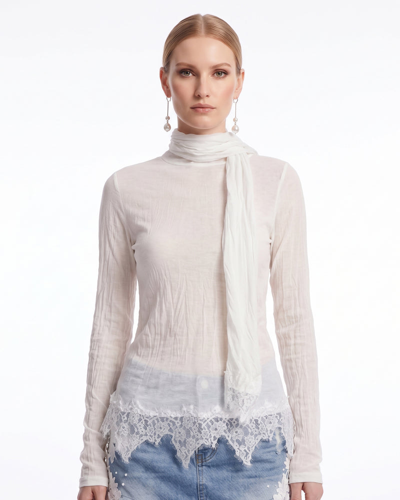 Lace-Trimmed Scarf-Collar Sheer Top - Off White