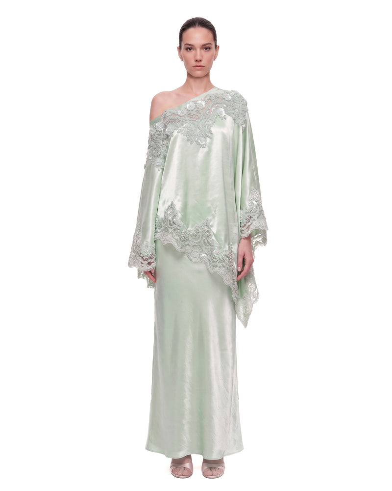 Lace-Trim One-Shoulder Satin Set - Mint Green