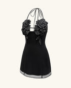 Flower Embroidered Mini Dress - Black