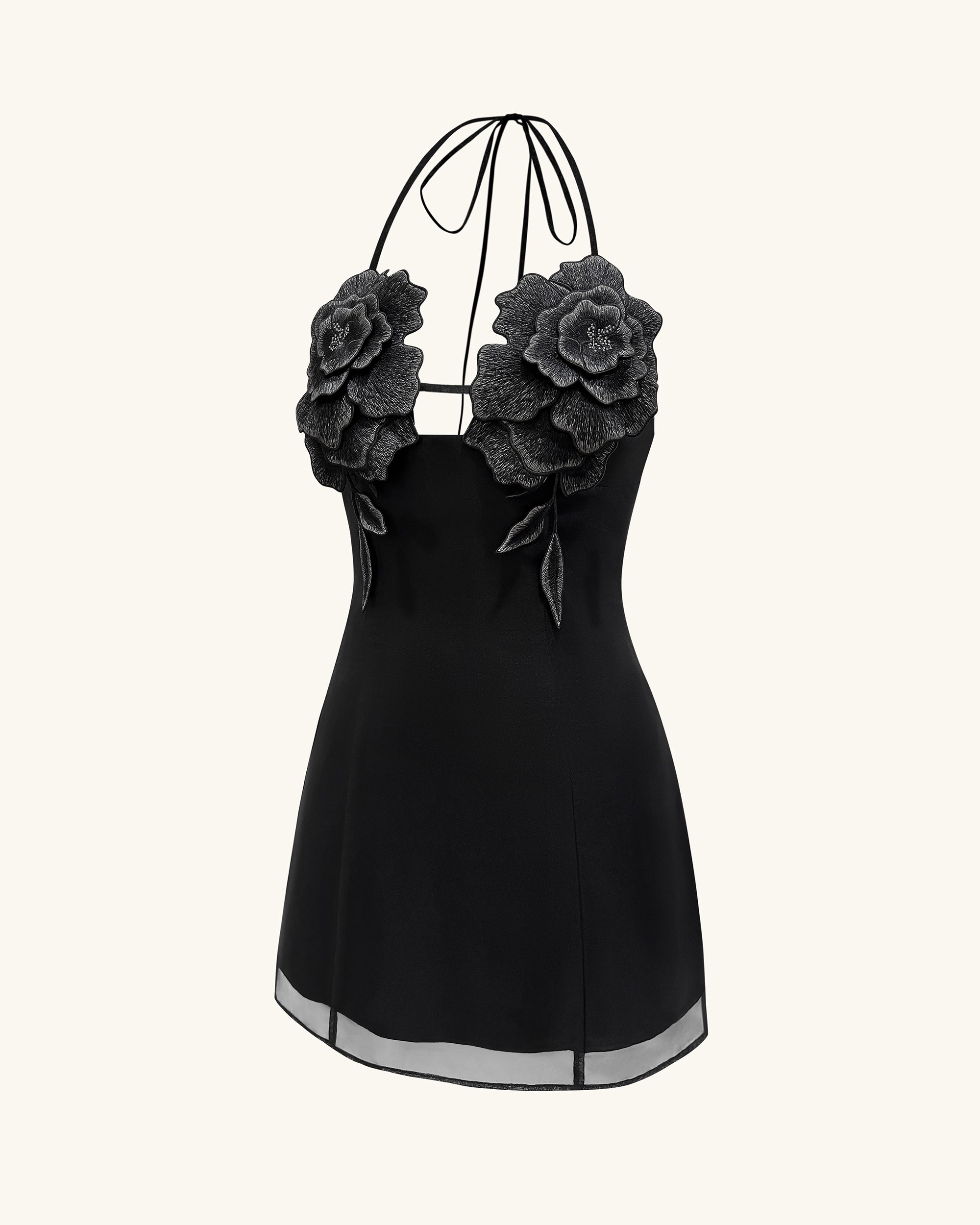 Flower Embroidered Mini Dress - Black