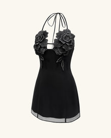 Flower Embroidered Mini Dress - Black